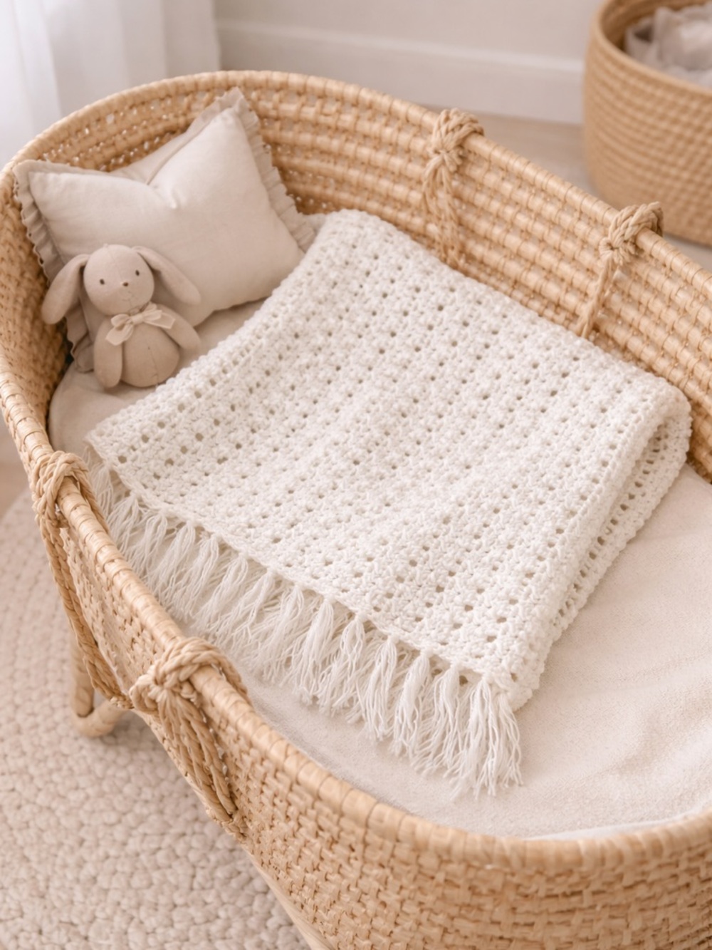 Handmade Crochet Baby Blanket White + Silver Thread 32”x36” Fringe Cottagecore